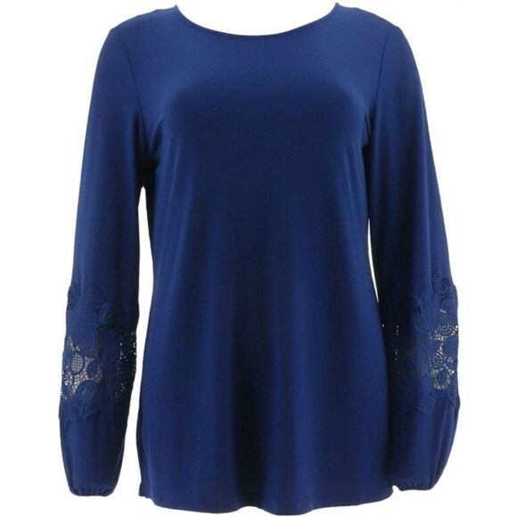 Dennis Basso Caviar Crepe Lace-Trimmed Slves Tunic - Picture 2 of 5